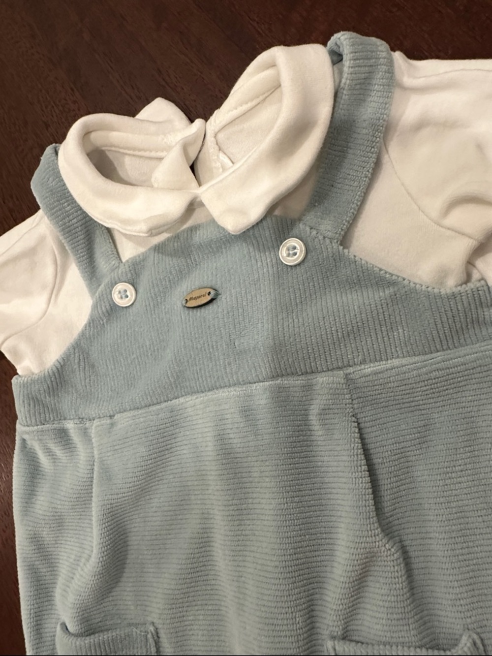 Mayoral- Baby Corduroy Overalls with White Bodysuit - Light Blue/teal - Picture 2 of 4